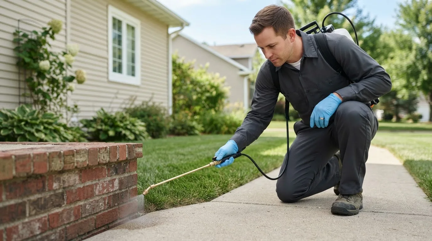 Pest control technician treating a home near Hanson, MA